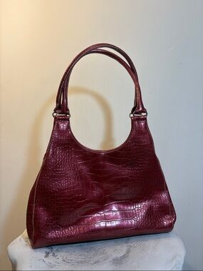 Y2K Metallic Cherry Red Croc Snake Reptile Patent Leather Shoulder Bag Vintage